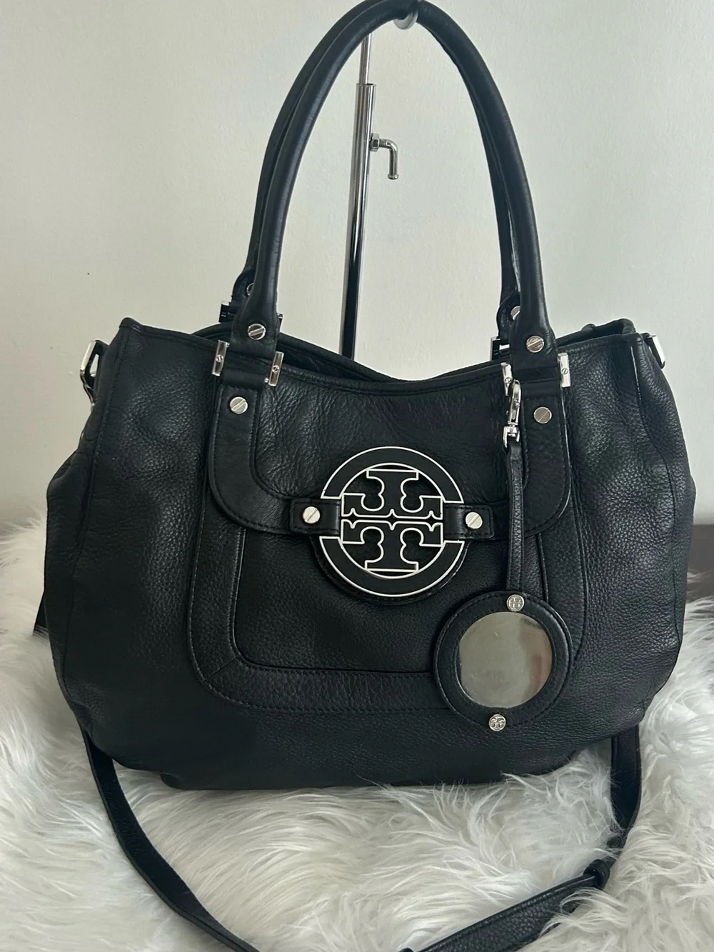 Tory Burch Amanda Black Pebbled Leather Tote Shoulder Bag Crossbody